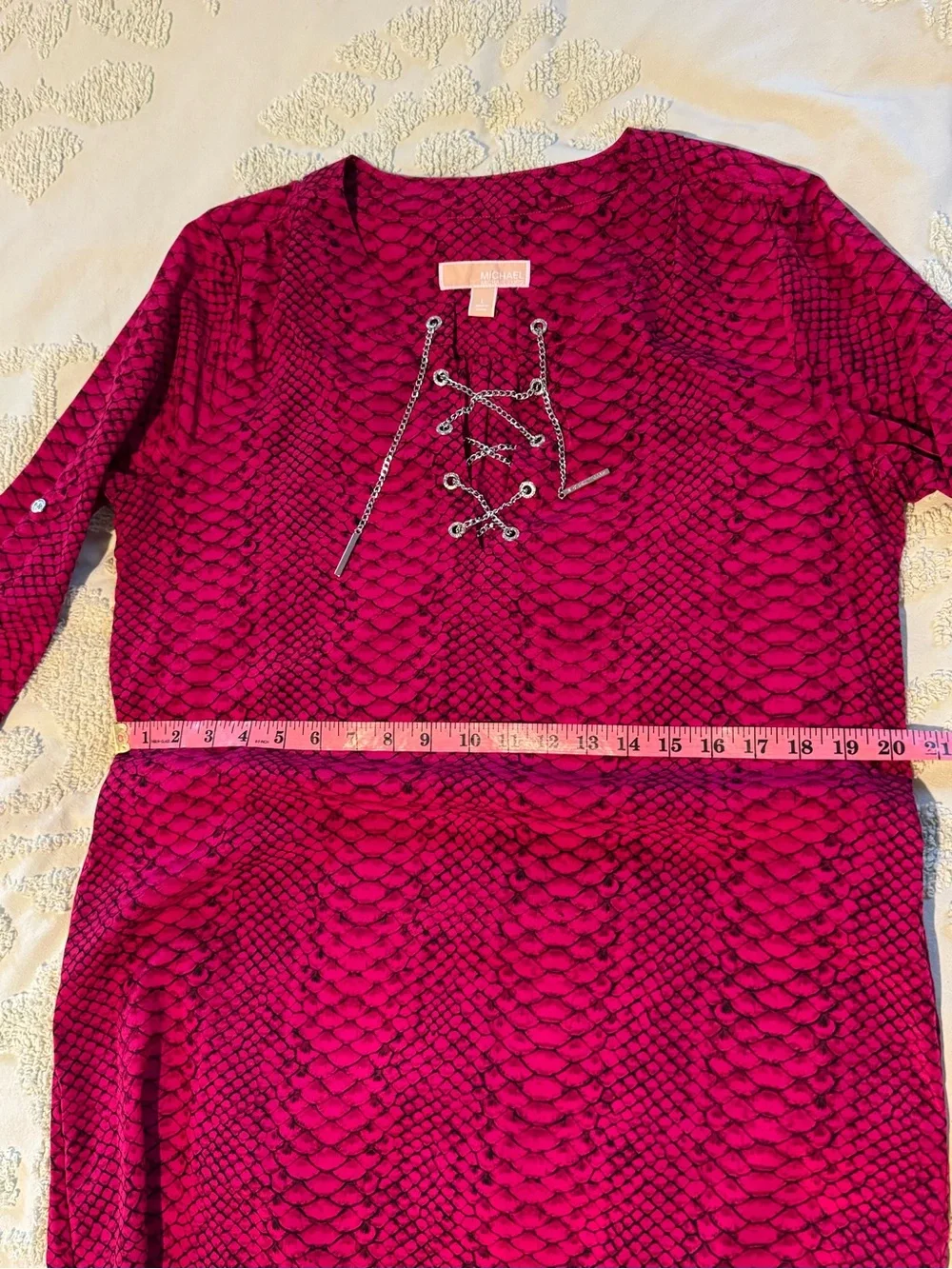 Michael Kors Pink Magenta Snake Print Tie Neck Dress Roll Tab Sleeves Size L